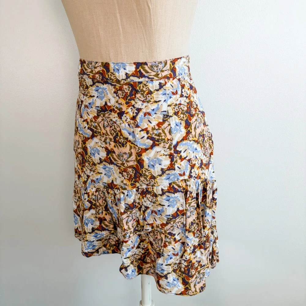 Free People Nadia Yellow Floral Print Ruffled Wrap Mini Skirt